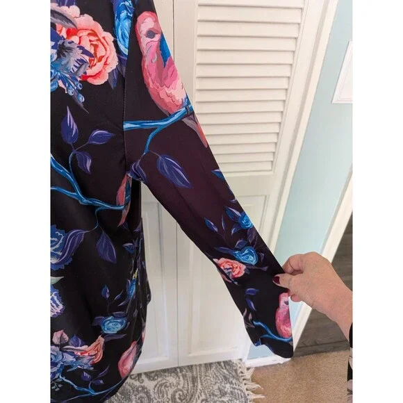 Lily By Firmiana Tunic Womens 1X Multi Floral Humming Bird Blouse Top Stretch - Picture 6 of 12